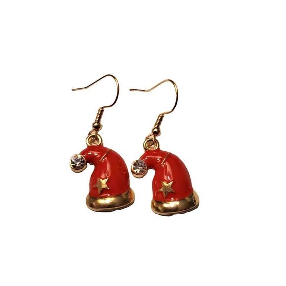 Gold Alloy Christmas Hat Dangle Earrings - Picture 1 of 2
